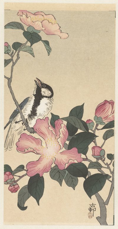 Koolmees op tak met roze bloemen door Ohara Koson