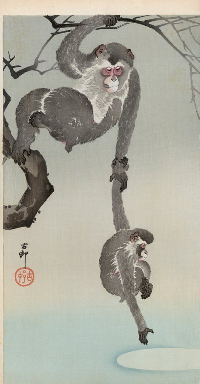 Aap en baby reiken naar de weerspiegeling van de maan door Ohara Koson
