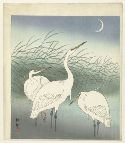 Reigers in ondiep water door Ohara Koson
