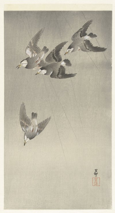 Spreeuwen in de regen door Ohara Koson