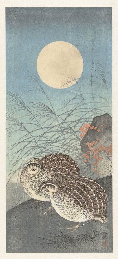 Twee kwartels bij volle maan door Ohara Koson