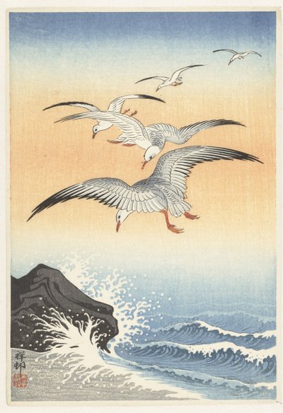Vijf zeemeeuwen boven onstuimige zee door Ohara Koson