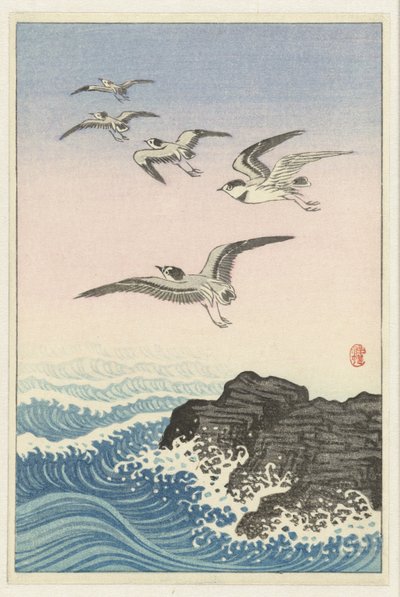 Vijf zeemeeuwen boven rots in zee door Ohara Koson