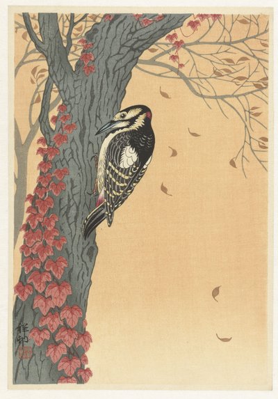Specht in een boom met rode klimop door Ohara Koson