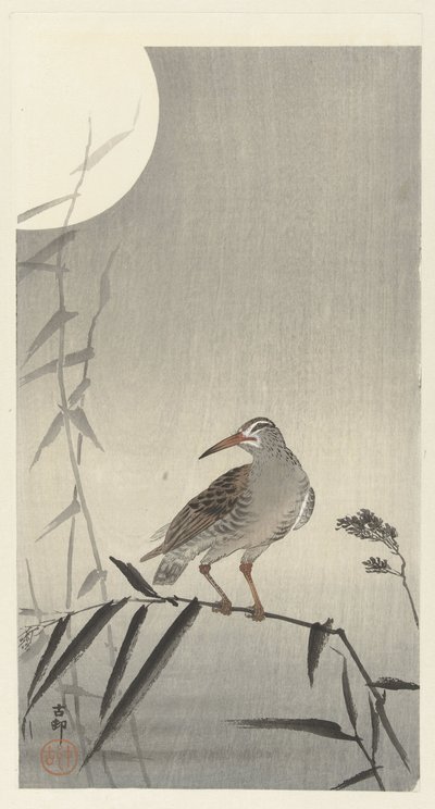 Zwarte ruiter op bamboetak door Ohara Koson