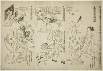 Afkoelen bij Ryogoku: Een Set van Drie door Okumura Masanobu