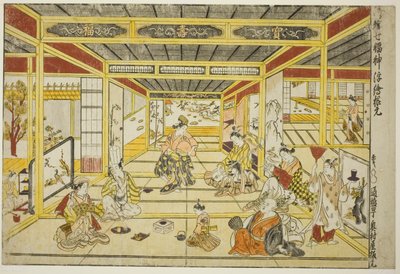 Origineel Perspectief Beeld van de Modieuze Zeven Goden van Geluk (Furyu shichi fukujin uki-e kongen) door Okumura Masanobu