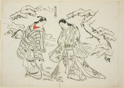 Kokerletter Takasago (Sodefumi Takasago), nr. 2 uit een serie van 12 prenten met parodieën op toneelstukken door Okumura Masanobu