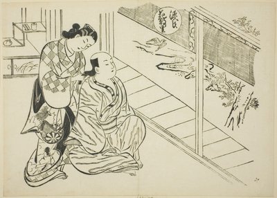 Het Hanachirusato-hoofdstuk uit "Het verhaal van Genji", uit een serie Genji-parodieën door Okumura Masanobu
