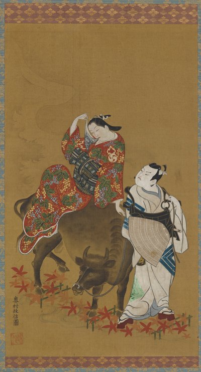 Twee kabuki-acteurs in de rollen van een courtisane op een waterbuffel en een reizende priester door Okumura Masanobu
