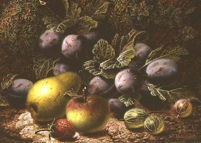 Stilleven met Pruimen, Kruisbessen, Appel, Peer en Aardbei door Oliver Clare