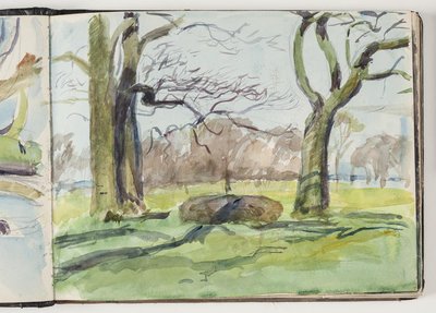 2 grote bomen; op de achtergrond bos en zee door Oluf Hartmann