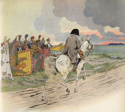 Denkbeeldige afbeelding van Napoleon te paard, die het respect van de soldaten van Europa ontvangt door Onfray de Breville Job