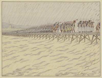 Napoleon en zijn leger steken de Rijn over bij Kehl, 1 oktober 1805 door Onfray de Breville Job
