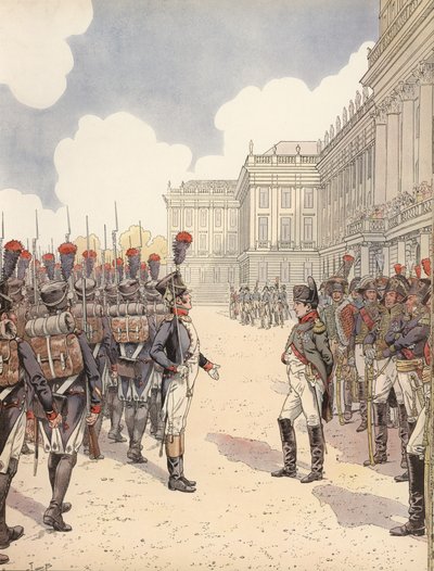 Napoleon benaderd door een nerveuze luitenant tijdens een parade in Schoenbrunn door Onfray de Breville Job
