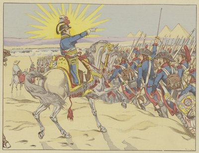 Napoleon inspireert zijn troepen bij de Slag bij de Piramides, Egypte, 21 juli 1798 door Onfray de Breville Job