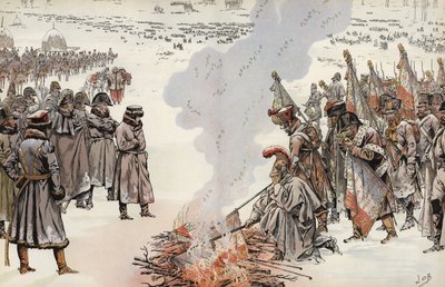 Napoleons Russische campagne, het verbranden van de standaarden, 23 november 1812 door Onfray de Breville Job