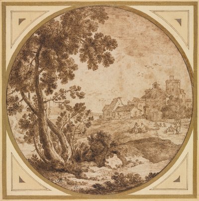 Landschap met gebouwen en figuren, tweede helft 1600s door Onorio Marinari