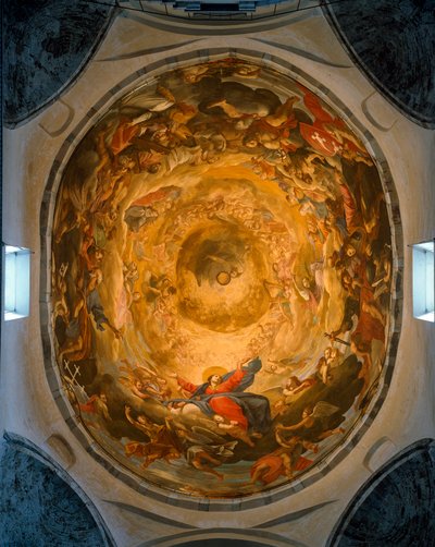 Binnenaanzicht van de koepel. Fresco dat de Hemelvaart van de Maagd Maria afbeeldt door Orazio en Girolamo Riminaldi (17e eeuw) door Orazio Riminaldi