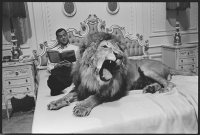 Tony Randall met leeuw (Zamba), op de set van 