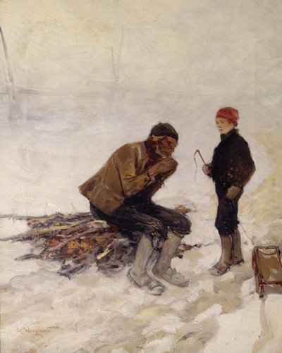 Oude man en een jongen op het ijs door Oscar Arnold Wergeland