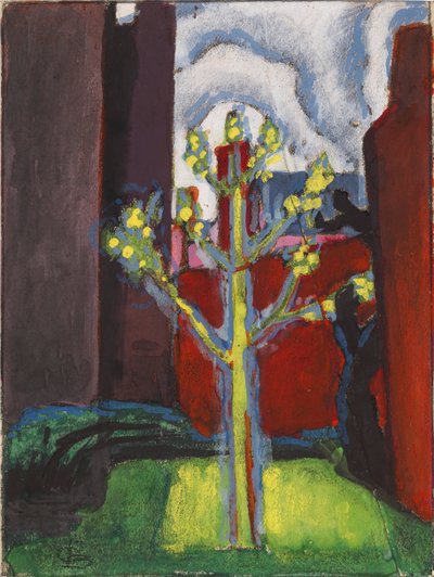 Jonge boom in rode binnenplaats, 1919 door Oscar Bluemner