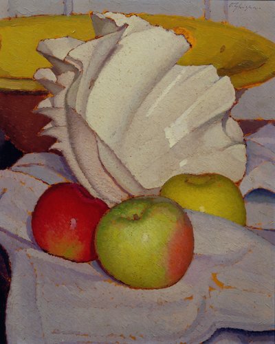 Compositie met schelp en drie appels door Oscar Ghiglia
