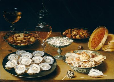 Gerechten met oesters, fruit en wijn door Osias the Elder Beert