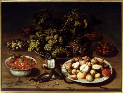 Stilleven van fruit met aap en vlinders door Osias the Elder Beert