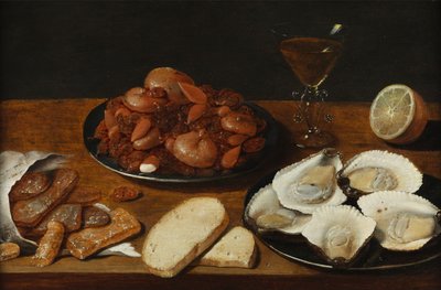 Stilleven met oesters, gebak, citroen en wijnglas door Osias the Elder Beert