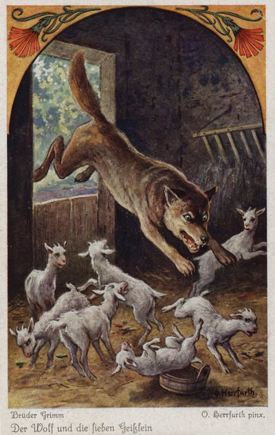 Scène uit De Wolf en de Zeven Geitjes, door de Gebroeders Grimm door Oskar Herrfurth