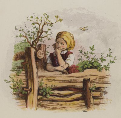 Peinzend meisje leunend op een hek door Oskar Pletsch