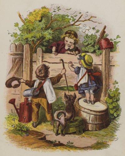 Drie kinderen die over een tuinhek praten (kleur litho) door Oskar Pletsch