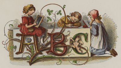 Drie meisjes oefenen hun schrijven (kleur litho) door Oskar Pletsch