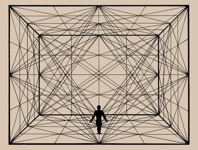 Figuur in de ruimte met vlakke geometrie en ruimtelijke afbakeningen, 1924-1925 door Oskar Schlemmer