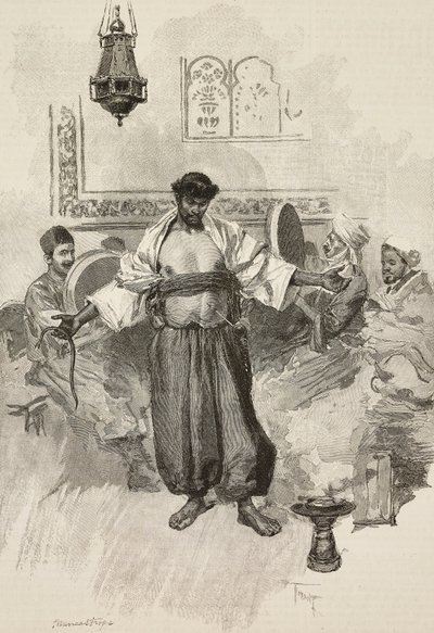 Aissawa-dans, Marokkaanse religieuze broederschap, op de Wereldtentoonstelling van 1889, Parijs, Frankrijk, gravure door E. Mancastroppa naar tekening van Osvaldo Tofani uit L