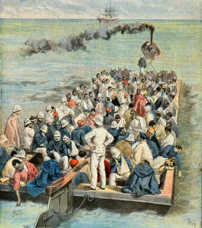Inscheping op het scheepshospitaal van de gewonden van de expeditie van madagascar in 1896 (Gravure) door Oswaldo Tofani