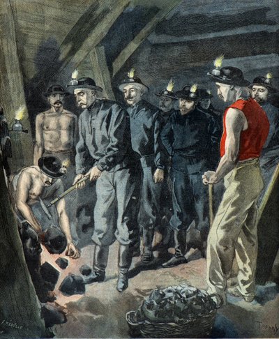 Felix faure op bezoek in de kolenmijnen van Lens (gravure) door Oswaldo Tofani