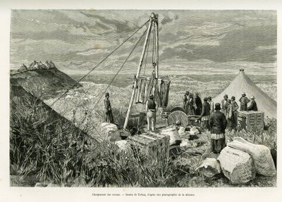 Het laden van de kisten van archeologische opgravingen, Perzië. Gravure door Tofani, ter illustratie van het verhaal 