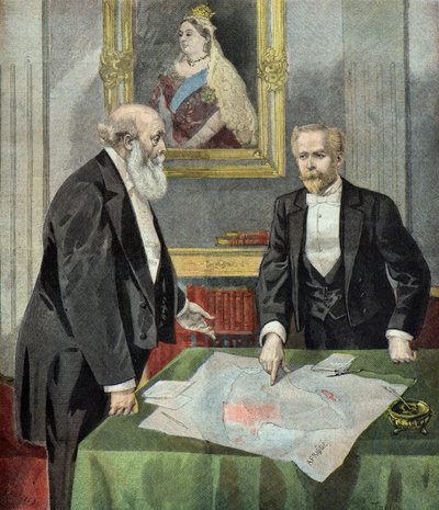 Lord Salisbury en Paul Cambon bakenen de invloedszones in Afrika af door Oswaldo Tofani