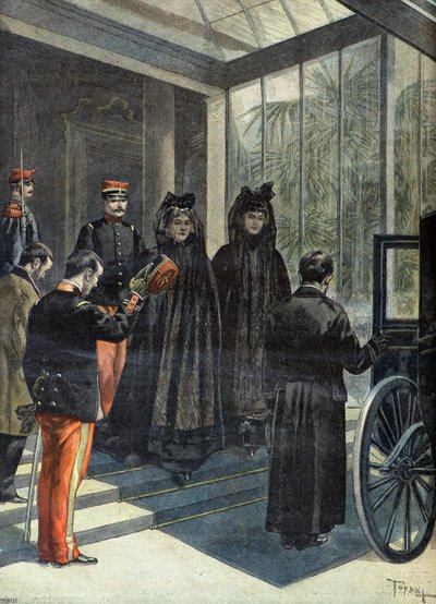 Madame Felix Faure verlaat de Elysee na de dood van de president van de republiek in 1899 (Gravure) door Oswaldo Tofani