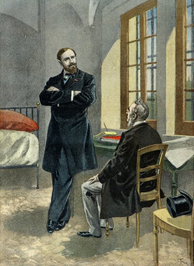 Paul Deroulede in de gevangenis ontvangt zijn advocaat Oscar Falateuf in 1899 (Gravure) door Oswaldo Tofani