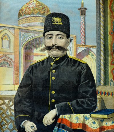 Portret van sjah van Perzië sjah Mozaffer Ed Dine (Gravure) door Oswaldo Tofani