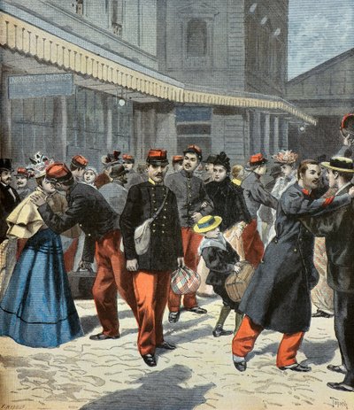 De terugkeer van de klas. Na hun militaire dienst worden de soldaten herenigd met hun families 1897 (Gravure) door Oswaldo Tofani