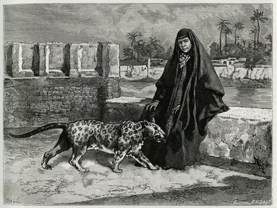 Torkan Khanoum, favoriet van Sheikh Moses, machtige stamleider van Arabistan met zijn panter. Gravure door Tofani, ter illustratie van het verhaal 