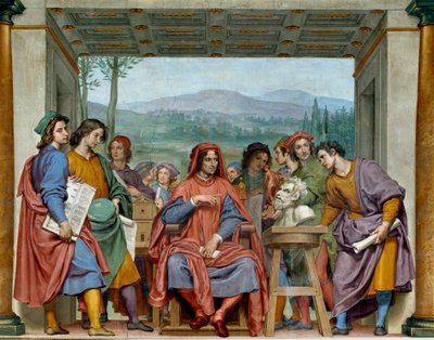 Laurent de Medici zittend tussen Florentijnse kunstenaars door Ottavio Vannini