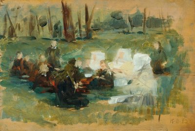 Kindergroep met drie witgeklede nonnen en een geestelijke op een bosweide in de zon door Otto Friedrich