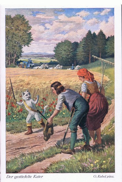 De gelaarsde kat (Europese sprookje), ansichtkaart uit Duitsland door Otto Kubel