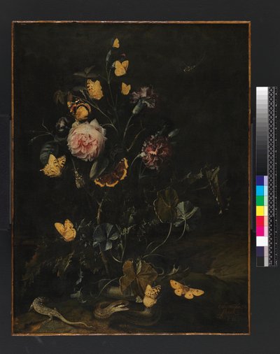 Bloemen, insecten en reptielen, 1673 door Otto Marseus  van Schrieck