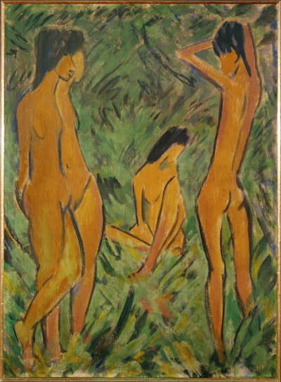 Jongen voor twee meisjes, één staand, één zittend (distemper op jute) door Otto Muller or Mueller